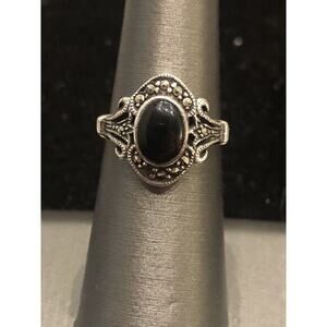 Vtg Sterling Silver Black Onyx Marcasite Ring Sz 6 Art Deco